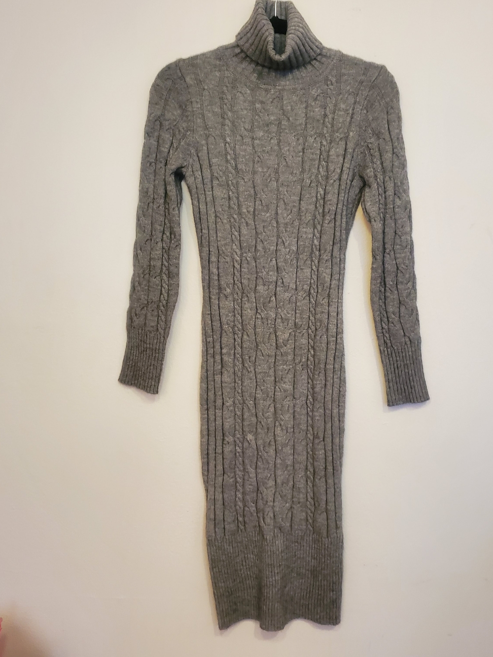 Gray Cable Knit Turtleneck Sweater Dress
